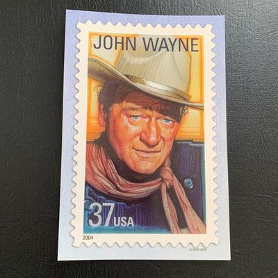 LOT 93 M: John Wayne Collection: 6 oz Stainless Steel Flask, Stamp Lapel Pins, Franklin Mint Collector's Playing Card Set, & More
