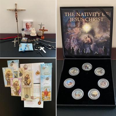 LOT 96 M: Religious Collection; The Nativity Of Jesus Christ Coin Set, Rosaries, Pendants, & More