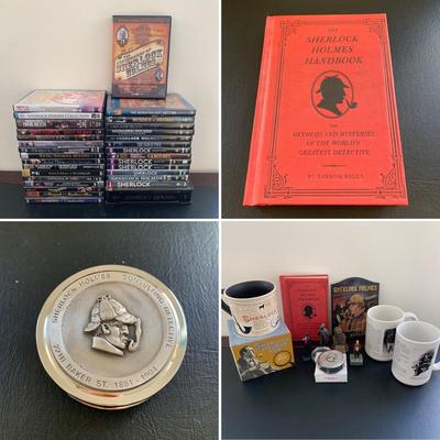 LOT 116 M: Sherlock Holmes Collection: DVDs, Book, Coffee Mugs, Desk Magnifier, & More