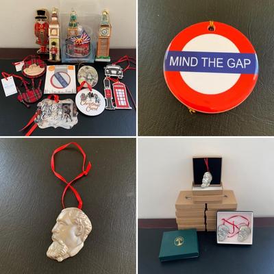 LOT 117 M: UK Christmas Ornaments & 13 Levenger Pewter Charles Dickens Head Ornaments