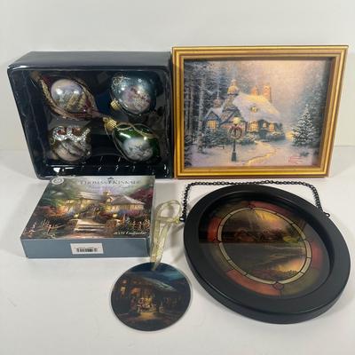 LOT 123U: Thomas Kinkade Light Up Painting, Tree Ornaments & More!