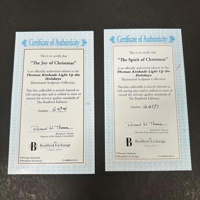 LOT 134U: The Bradford Exchange/Thomas Kinkade Light Up The Holidays Sculptures - The Joy/The Spirit Of Christmas