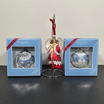 LOT 136U: 2 Wedgwood Christmas Nativity Ornaments & Waterford Angel Ornament