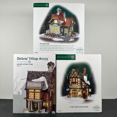 LOT 145U: Department 56 Dickens Village Series - E Tipler, Agent For Wine & Spirits, Spelendid Rod Fish n’ Chips & The Leather...