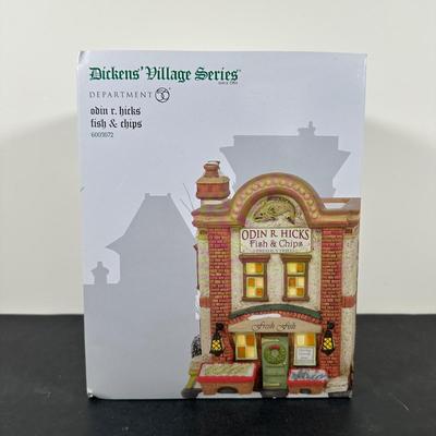 LOT 146U: Department 56 Dickens Village Series - Scrooge & Marley Counting House, Odin R Hicks Fish n’ Chips & Joseph Edward Tea...