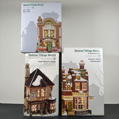 LOT 146U: Department 56 Dickens Village Series - Scrooge & Marley Counting House, Odin R Hicks Fish n’ Chips & Joseph Edward Tea...