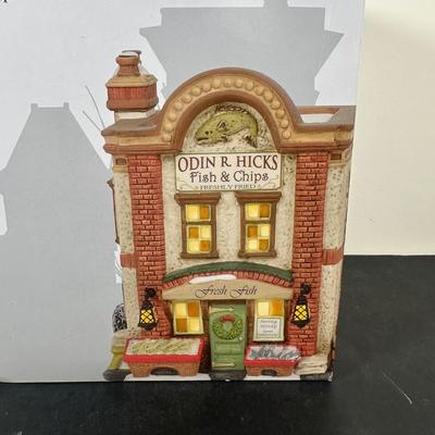 LOT 146U: Department 56 Dickens Village Series - Scrooge & Marley Counting House, Odin R Hicks Fish n’ Chips & Joseph Edward Tea...