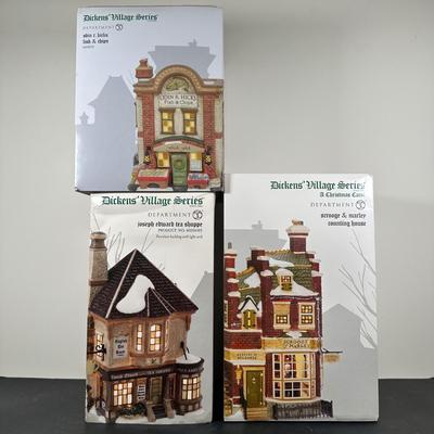 LOT 146U: Department 56 Dickens Village Series - Scrooge & Marley Counting House, Odin R Hicks Fish n’ Chips & Joseph Edward Tea...