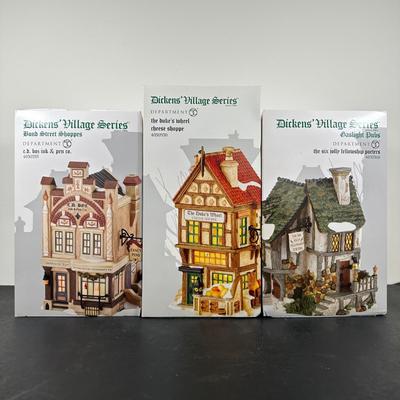 LOT 151U: Department 56 Dickens Village Series - The Six Jolly Fellowship Porters, Ink & Pen Co & The Dukes Wheel Cheese Shoppe