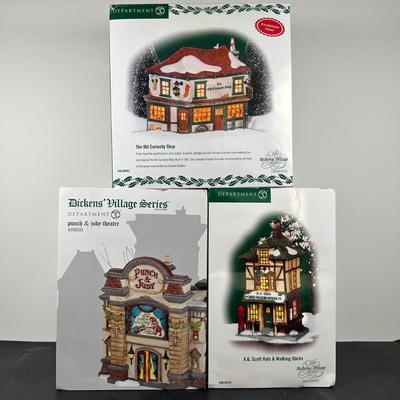 LOT 156U: Department 56 Dickens Village Series - A.G. Scott Hats & Walking Sticks, Punch & Judy Theater & The Old Curiosity Shop