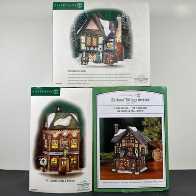 LOT 158U: Department 56 Dickens Village Series - The Spider Box Locks, Ye Olde Goat Pub & T.C. Chester Clocks & Watches