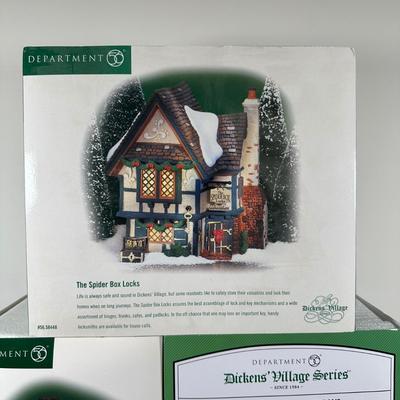 LOT 158U: Department 56 Dickens Village Series - The Spider Box Locks, Ye Olde Goat Pub & T.C. Chester Clocks & Watches