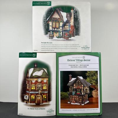 LOT 158U: Department 56 Dickens Village Series - The Spider Box Locks, Ye Olde Goat Pub & T.C. Chester Clocks & Watches