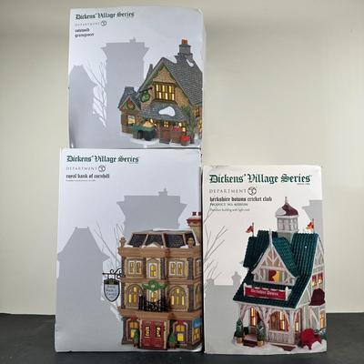 LOT 181U: Department 56 Dickens Village Series -Cotswold Greengrocer, Royal Bank Of Corn Hill & Berkshire Downs Cricket Club