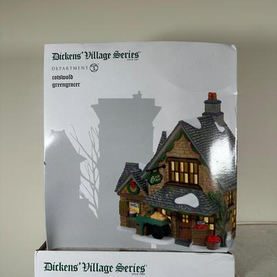LOT 181U: Department 56 Dickens Village Series -Cotswold Greengrocer, Royal Bank Of Corn Hill & Berkshire Downs Cricket Club