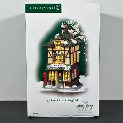 LOT 184U: Department 56 Dickens Village Series - Dickens Gads Hill Chalet, Boz’s Books & A.G. Scott Hats & Walking Sticks