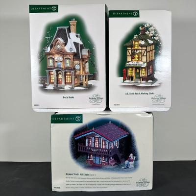 LOT 184U: Department 56 Dickens Village Series - Dickens Gads Hill Chalet, Boz’s Books & A.G. Scott Hats & Walking Sticks