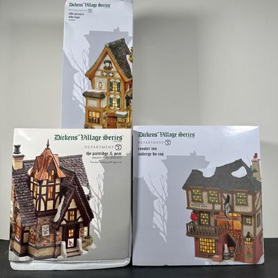 LOT 185U: Department 56 Dickens Village Series - The Partridge & Pear, Rooster Inn & Olde Pearly’s Toby Jugs
