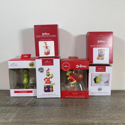 LOT 207M: Dr. Seuss' The Grinch Hallmark Ornaments in Boxes - Record Player, Peekbuster & More