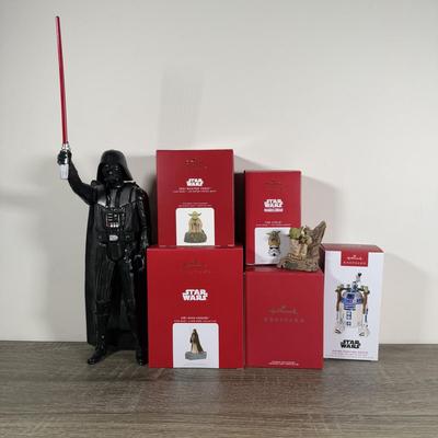 LOT 211M: Star Wars Darth Vader Action Figure & Hallmark Keepsake Ornaments w/ Boxes - Yoda, The Child, Obi-Wan & Drink Serving...