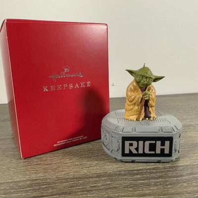 LOT 211M: Star Wars Darth Vader Action Figure & Hallmark Keepsake Ornaments w/ Boxes - Yoda, The Child, Obi-Wan & Drink Serving...