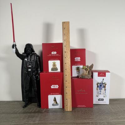 LOT 211M: Star Wars Darth Vader Action Figure & Hallmark Keepsake Ornaments w/ Boxes - Yoda, The Child, Obi-Wan & Drink Serving...