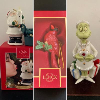 LOT 223 M: Lenox Collection: Electric Blow Out The Lights Santa, Cardinal, & The Grinch Ornaments