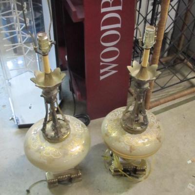 Pair Of Vintage Hand Painted Glass Table Lamps Hollywood Regency Style