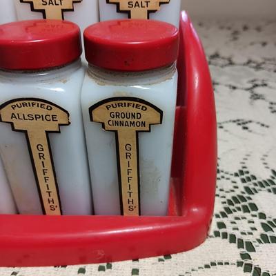 GRIFFITHS RETRO MILK GLASS SPICE JARS IN WALL HUNG OR COUNTER TOP RACK