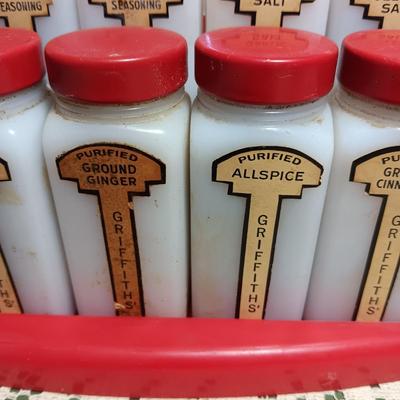 GRIFFITHS RETRO MILK GLASS SPICE JARS IN WALL HUNG OR COUNTER TOP RACK