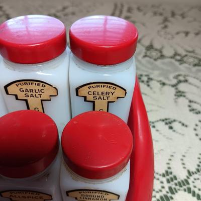 GRIFFITHS RETRO MILK GLASS SPICE JARS IN WALL HUNG OR COUNTER TOP RACK
