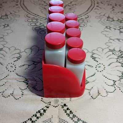GRIFFITHS RETRO MILK GLASS SPICE JARS IN WALL HUNG OR COUNTER TOP RACK