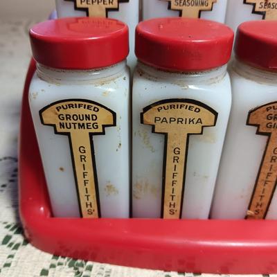 GRIFFITHS RETRO MILK GLASS SPICE JARS IN WALL HUNG OR COUNTER TOP RACK