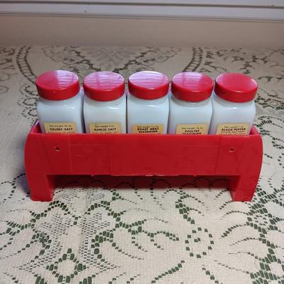 GRIFFITHS RETRO MILK GLASS SPICE JARS IN WALL HUNG OR COUNTER TOP RACK