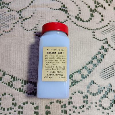 GRIFFITHS RETRO MILK GLASS SPICE JARS IN WALL HUNG OR COUNTER TOP RACK