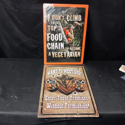 2 NEW TIN SIGNS WITH RAISED LETTERING