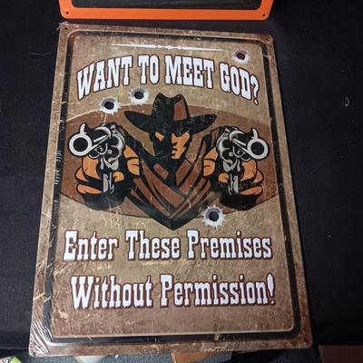 2 NEW TIN SIGNS WITH RAISED LETTERING