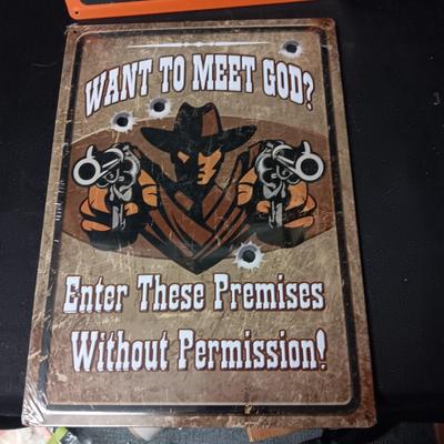 2 NEW TIN SIGNS WITH RAISED LETTERING