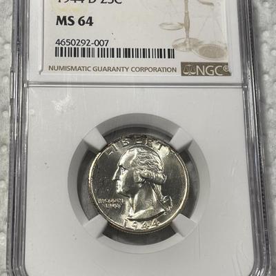 NGC CERTIFIED 1944-D MS64 WASHINGTON SILVER QUARTER AS PICTURED. FREE DOMESTIC SHIPPING.