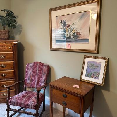 Sale Photo Thumbnail #427: MISC BEDROOM LOT, QUEEN BED FRAME W/MATTRESS, LINGERIE CHEST, SEWING MACHINE IN CABINET, 2 FRAMED ART, ACCENT CHAIR NEEDS WORK, LAMP, NIGHTSTAND 