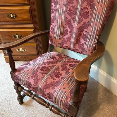 Sale Photo Thumbnail #428: MISC BEDROOM LOT, QUEEN BED FRAME W/MATTRESS, LINGERIE CHEST, SEWING MACHINE IN CABINET, 2 FRAMED ART, ACCENT CHAIR NEEDS WORK, LAMP, NIGHTSTAND 