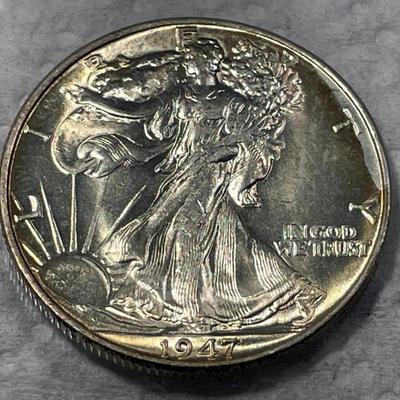 1947-P Choice BU Condition w/Toned Rims Walking Liberty Silver Half Dollar as Pictured. FREE DOMESTIC SHIPPING.