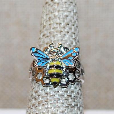 Size 6 Marked .925 Blue-Winged Yellow& Black Wasp Ring on a Silver Band (4.0g)