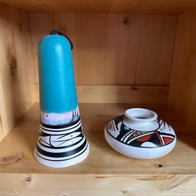 SIGNED CLAY WIND CHIME AND BOWL