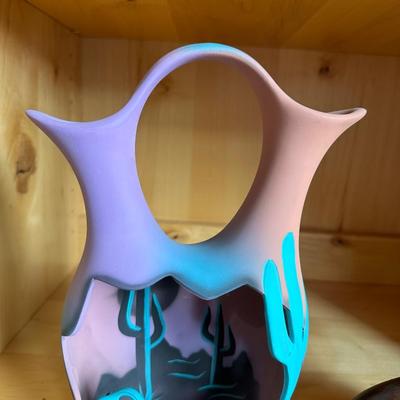 COLORFUL WEDDING VASE AND SIGNED NAVAJO CLAY BEAR