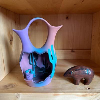 COLORFUL WEDDING VASE AND SIGNED NAVAJO CLAY BEAR