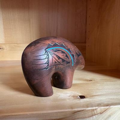 COLORFUL WEDDING VASE AND SIGNED NAVAJO CLAY BEAR