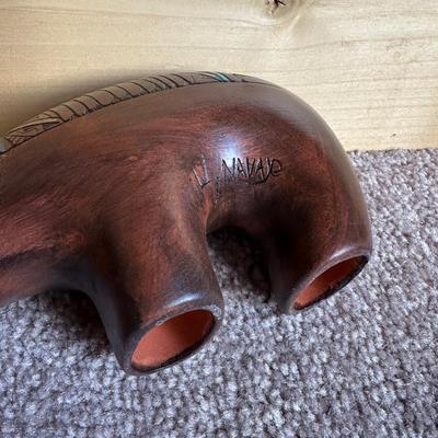 COLORFUL WEDDING VASE AND SIGNED NAVAJO CLAY BEAR