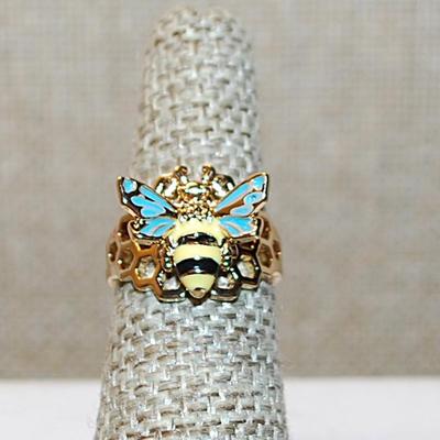 Size 6 Marked .925 Blue-Winged Yellow & Black WASP Ring on a Silver Filled Gold Colored Band (4.6g)