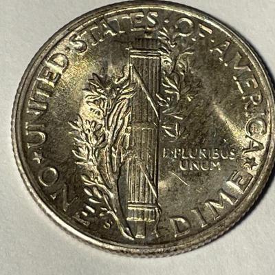 Nicely Toned BU 1945-S (Micro-S) Variety Mercury Silver Dime as Pictured. FREE DOMESTIC SHIPPING.